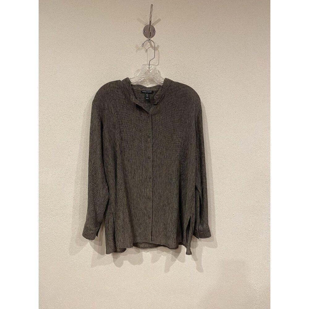 Eileen Fisher Shirt Womens Medium Gray Crinkle Check Band Collar Button Top